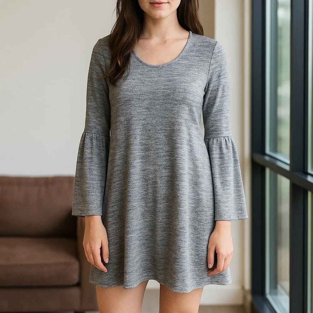 NWT Kensie Gray CHOKER Neck Band‎ Heathered Flare Sleeve Mini Sexy Boho Dress S